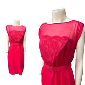 Vintage 1950s Pink Lace Illusion Wiggle Dress Sleeveless Cocktail Dress / SM